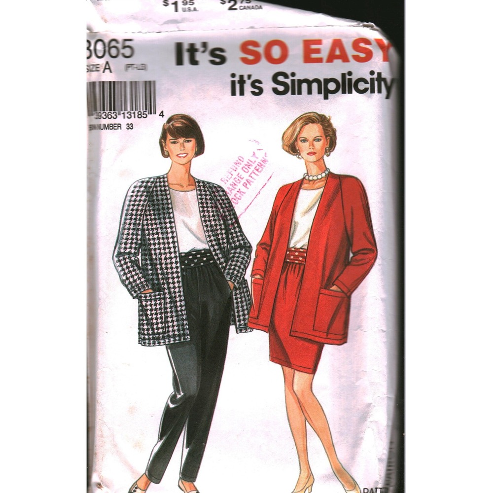Simplicity 8065 Sewing Pattern Misses Knit Pants Skirt Jacket Sash Size P-S 80s‎